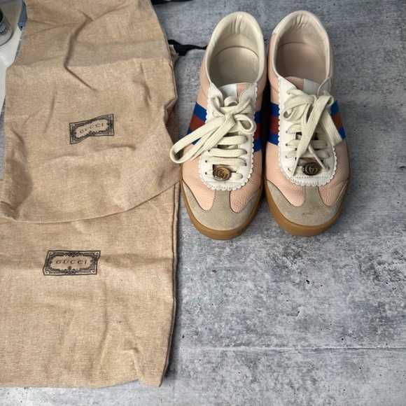 Gucci G74 Web Leather And Suede Pink Oatmeal Casual Sneakers - Picture 8 of 8